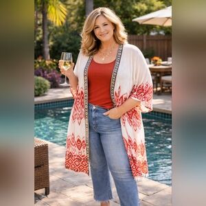 NWT Chico’s 3 (3X) Coral Ikat Open Front Kimono W/ Side Splits